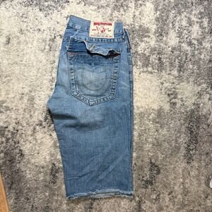 True Religion Ricky Cut Off Mens Denim Shorts Light Wash Made in USA Size 33